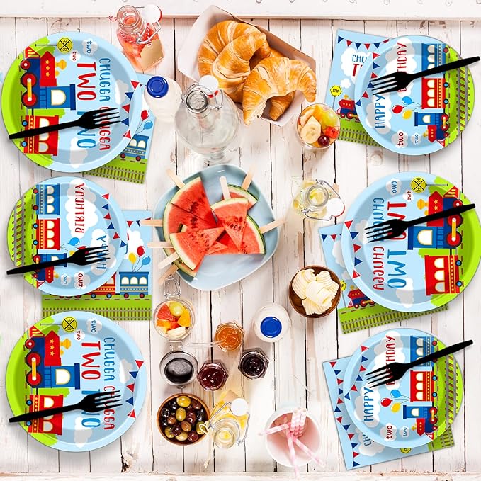 100 PCS Chugga Chugga Two Two Party Supplies Set Train Plates and Napkins 2nd Birthday Party Tableware Packs Decorations Transportation Disposable Paper Plates Napkins Forks For Kids Serve 25