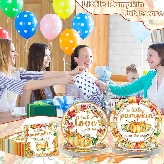 96 Pcs Little Pumpkin Baby Shower Party Plates Napkins Tableware Set Fall Baby Shower Supplies Disposable Dinnerware A Little Pumpkin is On The Way Decoration Favors for Thanksgiving Party，24 Guests
