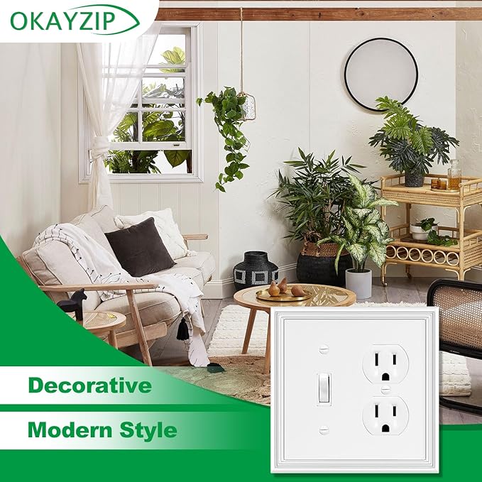White Decorative Combination Light Switch Covers Wall Plate, Natural Material Switch Plate Outlet Covers - Modern Style (2 Gang Toggle/Duplex 2 Pack)