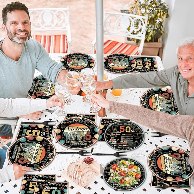 Wiooffen 96 Pcs Vintage 50th Birthday Party Plates Napkins Tableware Set Back in 1976 Supplies Disposable Dinnerware Colorful Cheers to 50 Years Decoration Favors for Women Men Party Favor, 24 Guests