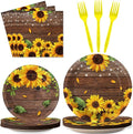 96 Pcs Sunflower Party Plates Napkins Tableware Set Sunflower Wood Grain Themed Supplies Disposable Dinnerware Sunflower Decoration Favors for Kids, 24 Guests