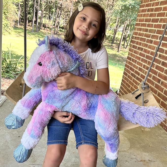 Tezituor 35 Inch Big Horse Stuffed Animals Plush Toy, Large Rainbow Stuffed Horse Toys Gift Soft Blue Pony Plush Body Pillow for Boys Girls