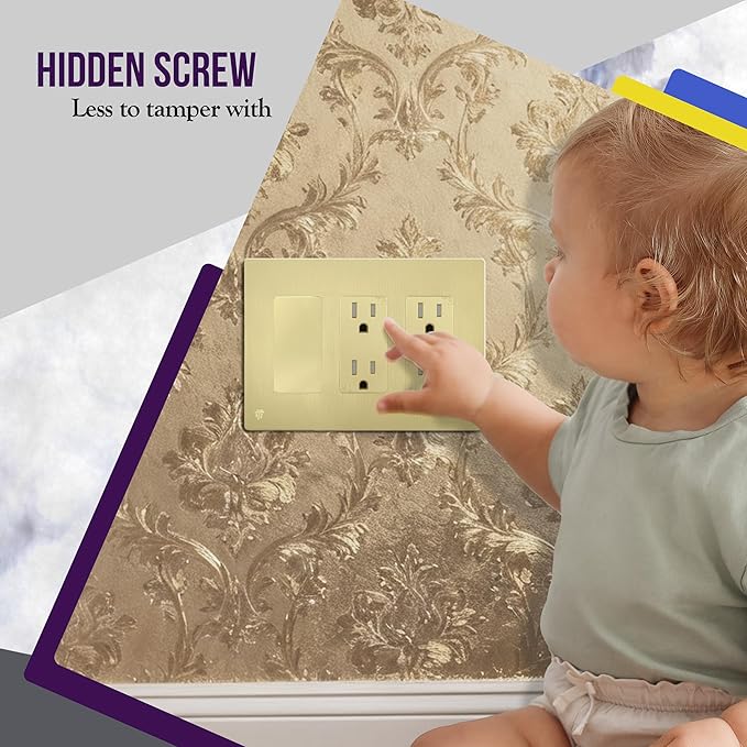 ENERLITES Elite Series Screwless Decorator Wall Plate Child Safe Outlet Cover, Gloss Finish, Size 3-Gang 4.68" H x 6.53" L, Unbreakable Polycarbonate Thermoplastic, SI8833-BGD, Brushed Gold