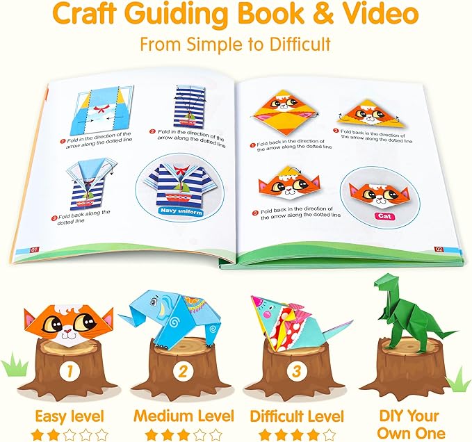 Mocoosy 224 Sheets Origami Paper Kit for Kids Ages 5-8 8-12, Folding Paper Set with Origami Book for Beginners, Art Craft Supplies for Boys Girls 9-12, Travel Game Car Road Trip Activities Toy Gifts