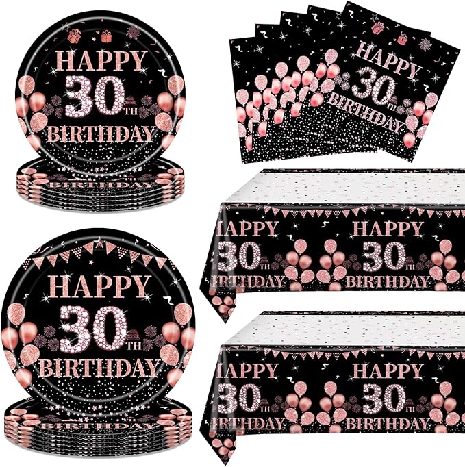 62Pcs 30th Birthday Decorations for Girls Her, Rose Gold Birthday Party Supplies Include 20 7''Plates 20 9'' Plates 20 Napkins and 2 Tablecloth, Rose Gold Princess Party Tableware for 20 Guests