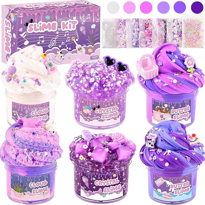 6 Pack Slime Kit, Purple Dream Slime Kids, Cloud Butter & Clear Slime, Party Favors, Toys for Girls Boys Ages 5 6 7 8 9 10 11 12, Goodie Bag Stuffers, Birthday Gift Ideas Cute Stuff