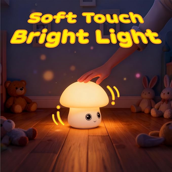 Rechargeable Small Mushroom Lamp - 16 Color Dimmable LED Night Light for Nursery, Soft Silicone Baby Kids Bedroom Feeding Light, Portable Touch Control Decor