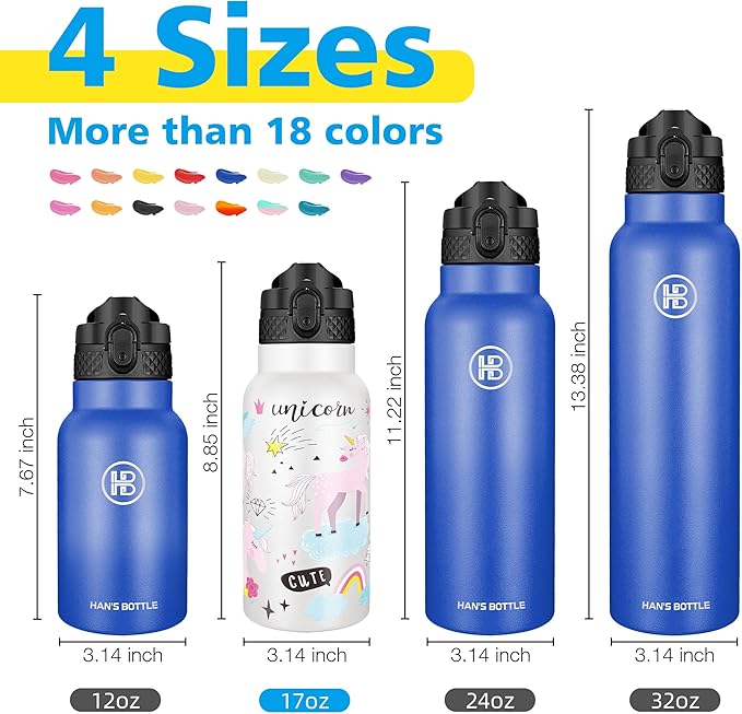 Han's Bottle Kids Water Bottle with Straw Lid - Insulated Stainless Steel Reusable Tumbler for Girls,Boys,Thermo Mug,17oz,Unicorns Girl