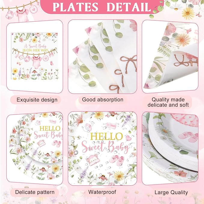 Pickmesh 194 Pcs Floral Baby Shower Girl Decorations for 24, Pink Baby Shower Paper Plates and Napkins Cups Tablecloth Cutlery for Spring Babys in Bloom It's a Girl Gender Reveal Party Supplies