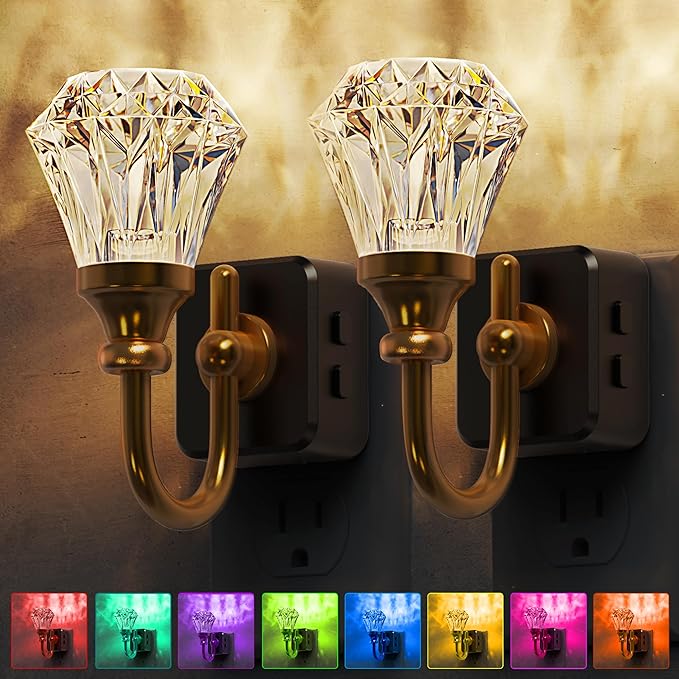 L LOHAS LED Night Lights Plug into Wall - 2 Pack 10-Color Changing RGB Floral Night Lights with Auto Sensor, 3 Brightness Levels, Rotatable Plug in Nightlight for Bedroom, Nursery, Hallway, Gift