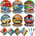 96Pcs Race Car Birthday Party Supplies Hot Car Themed Paper Plates Napkins Racing Themed Park Party Tableware Disposable Checkered Dinnerware Decoration Set for Kids Birthday Baby Shower Table Decor