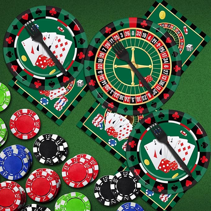 96 Pieces Casino Themed Party Tableware Set for Las Vegas Birthday Party Decorations Casino Poker Card Birthday Party Dessert Paper Plates Napkins Forks for 24 Guests Poker Card Playing Club Supplies