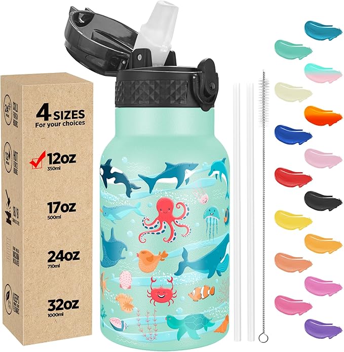 Han's Bottle Kids Water Bottle with Straw Lid - Insulated Stainless Steel Reusable Tumbler for Girls,Boys,Thermo Mug,12oz,Ocean Fish