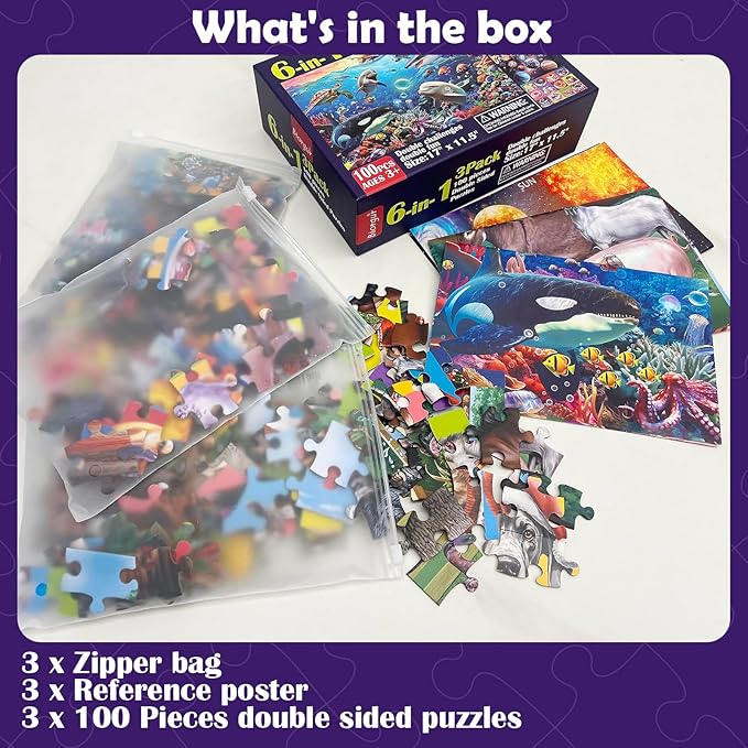 Puzzles for Kids Ages 4-6 and 6-8,3 Pack 100 Pieces Double Sided Jigsaw Puzzles for Kids Ages 8-10 Year Old (6-in-1),Learning Educational Puzzles Toys for Boys and Girls,17” x 11.5”