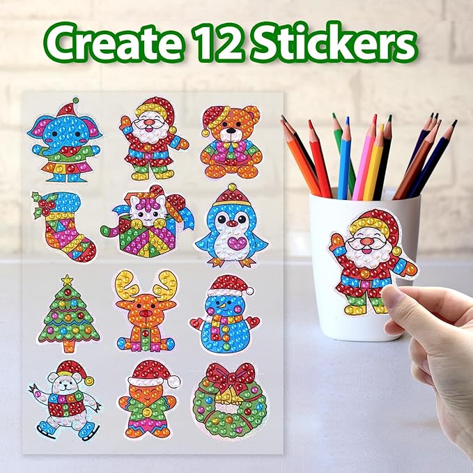 WAHFNG Gem Art, Diamond Art Kids Painting Kit -Make Your Own Stickers,Keychains & Suncatchers - Arts and Crafts for Girls and Boys - Gift Ideas for Age 6, 7, 8, 9, 10,11,12 Years Old（Christmas）