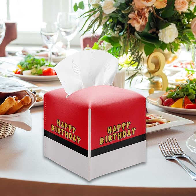 Happy Birthday Tissue Box Cover, Red and White Tissue Box Holder Square Leather Facial Paper Organizer, Themed Birthday Party Baby Shower Tableware Decorations