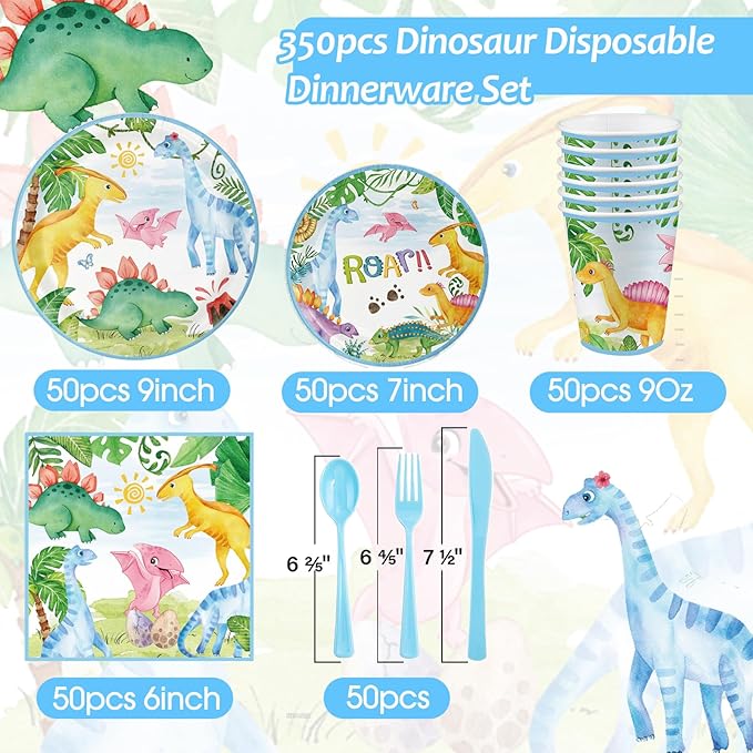 Dinosaur Birthday Party Supplies - 350PCS Dinosaur Themes Party Tableware Set, Bithday Disposable Paper Plates Cups and Napkins For Boys Kids Birthday Baby Shower Decorations, Serve 50
