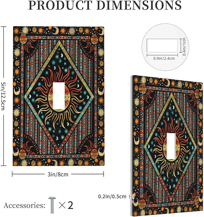 Light Switch Cover Boho Burning Sun Hippie Retro Bohemian Gypsy 1 Gang Wall Plate Cover Single Toggle Outlet Covers Decorative Switchplate Electrical Faceplate for Bathroom Home Decor