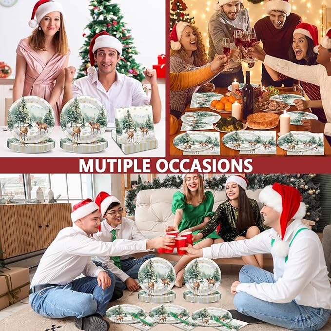 50Pcs Christmas Reindeer Paper Plates and Napkins Watercolor Deer Snow Pine Trees Snowflakes Table Decoration Winter Woodland Disposable Tableware Set 25 Guests Xmas Holiday Birthday Party Supplies
