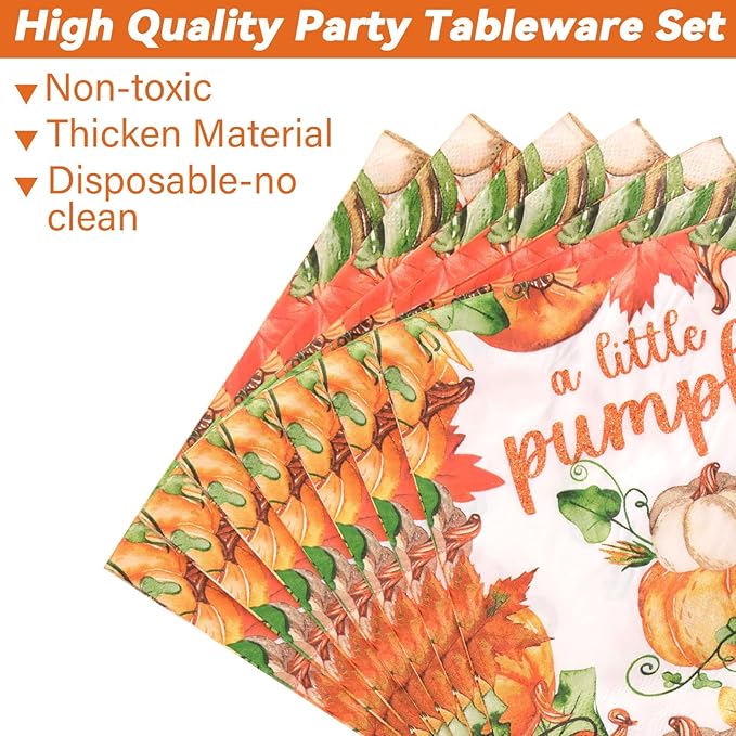 96 Pcs Little Pumpkin Baby Shower Party Plates Napkins Tableware Set Fall Baby Shower Supplies Disposable Dinnerware A Little Pumpkin is On The Way Decoration Favors for Thanksgiving Party，24 Guests