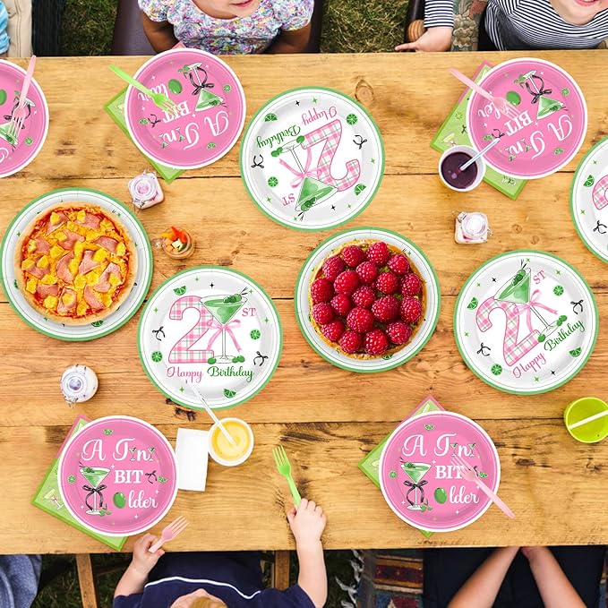 96Pcs Matini 21st Birthday Party Decorations A Tini Bit Older Plates and Napkins Tableware Sets Pink Green Decorations for 21 Years Old Women Girls Birthday Martini Party Supplies Serves 24