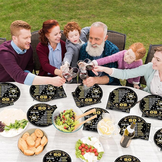 50 Pcs Black Gold 80th Birthday Party Paper Plates and Napkins Back in 1946 Dessert Cake Plates Black Gold 80 Year Old Theme Decorations 1946 Tableware Set Serves 25 Guest 80th Birthday Party Supplies