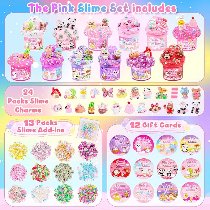 12 Pack Slimes, Pink Slime Kids, Clear Butter Cloud Slime kit for Girls Ages 8-12, for Kids Slime Party Favors Goodie Bag Easter Basket Stuffers, 4 5 6 7 8 9 10 Year Old Girl Birthday Gift Cute Stuff