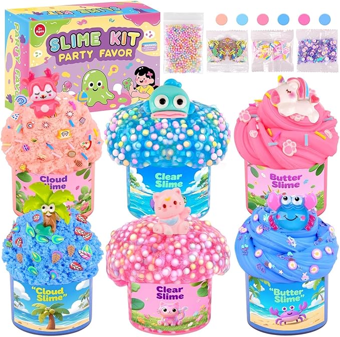6 Pack Slime kit, Pink & Blue Slime for Kids, Butter Cloud Clear Slime Set Party Favors for Boys Girls Ages 8-12, Soft Sensory Toys Goodie Bag Stuffers, 4-10 Year Old Girl Birthday Gift
