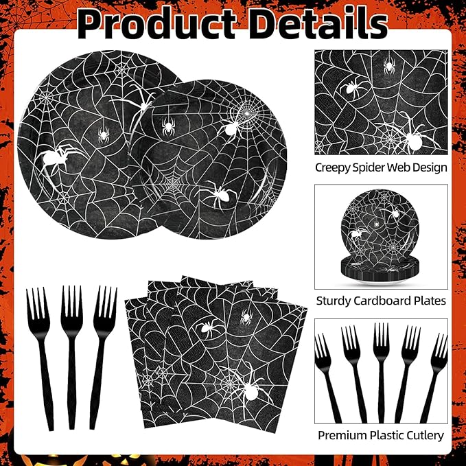 100 Pcs Halloween Spider Web Tableware Party Supplies Set, Serves 25 – Disposable Spiderweb Paper Plates, Napkins, and Forks, Spooky Dinnerware for Haunted House, Trick-or-Treat Party Decorations