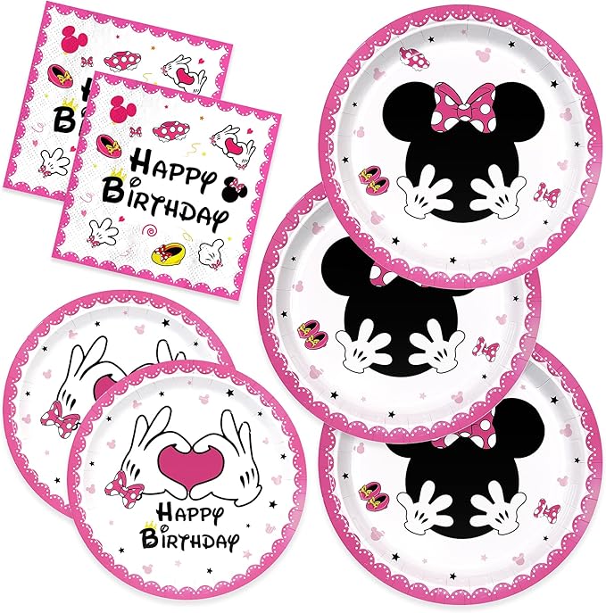 150pcs Pink Cartoon Plates Napkins Party Supplies Paper Disposable Tableware Set Cartoon Birthday Party Decorations for Kids Girls 50 Guests