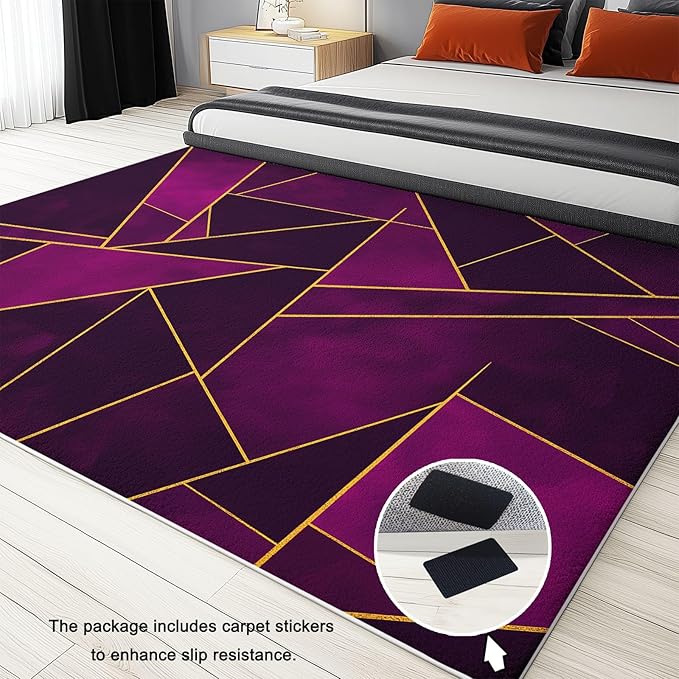 Dark Purple Area Rugs 2 x 3 ft Machine Living Room Washable Rugs, Geometric Gold Line Triangles Low-Pile Soft Non-Slip Carpet for Bedroom Dining Flannel Floormat
