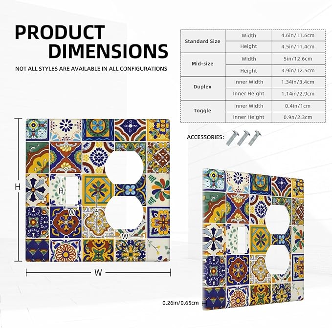Talavera Kitchen Mexican Tile Combination 1-Toggle 1-Duplex Receptacle 2 Gang Wall Plate, Yellow/Blue Moroccan Mexico Mosaic 2 Gang Combo Single Toggle/Light Switch One Duplex Outlet Faceplate Cover