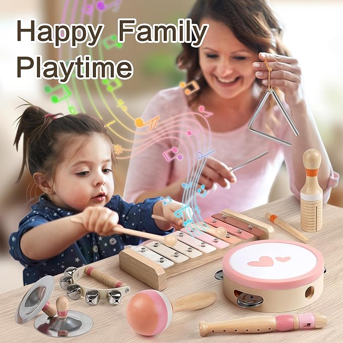 Vanplay Musical Toys for 2 Year Old Girls Easter Birthday Gifts, Montessori Toys for 2 3 Year Old, 8 in 1 Wooden Musical Instruments with Xylophone/ Tambourine/Maracas for Toddler 2-4