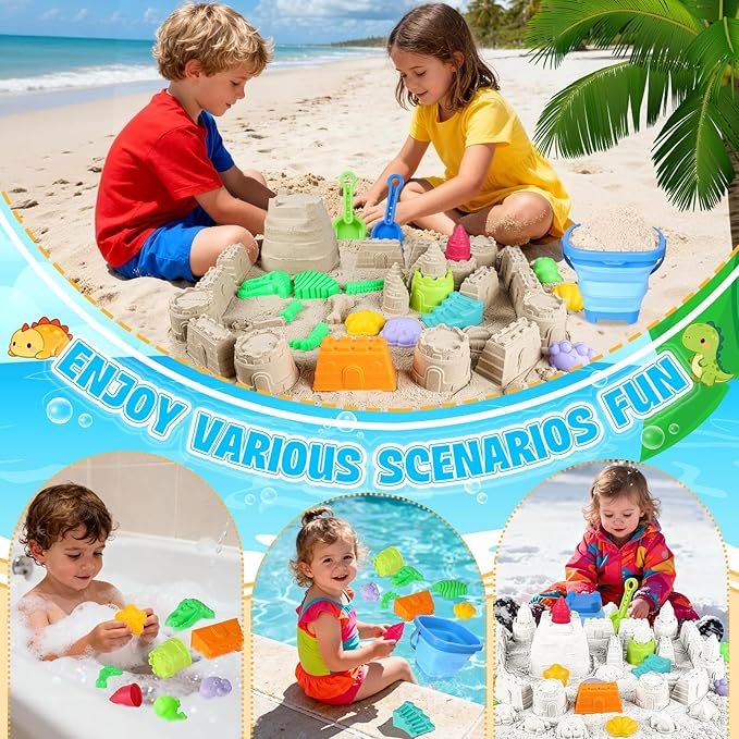 ERHAICAT Beach Toys, Dinosaur Sand Toys for Kids Toddlers with Collapsible Bucket, Sand Castle Building Kit, Mesh Storage Bag & Shovel Rake, Travel Summer Toys for Boys Girls Ages 3-10