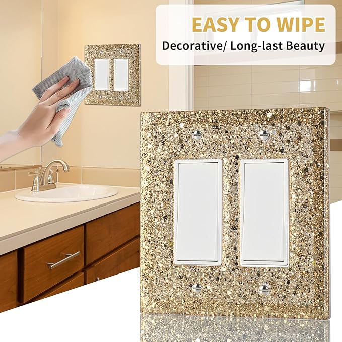2-Gang Light Switch Cover Plate - Shiny Gold Mirror Finish,5.1"x5.1",Sparkling Design for Outlet or Double Rocker Switch