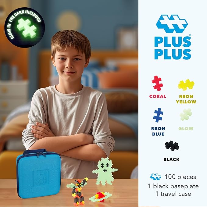 PLUS PLUS Travel Case - 100 Piece Glow Mix, Mini Interlocking Building Blocks Set, Stem Toys - Airplane Travel Essentials for Kids/Classroom Must Haves Gifts for Boys & Girls
