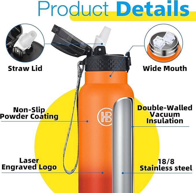 Han's Bottle Sports Water Bottle - 32 Oz, Straw Lid, Leak Proof, Vacuum Insulated Stainless Steel, Double Walled, Thermo Mug,Fire