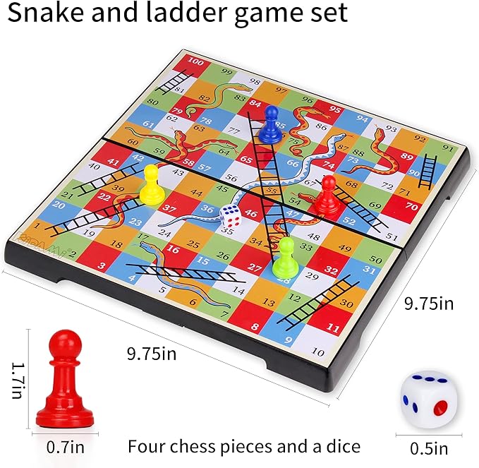 KIDAMI Magnetic Snakes and Ladders Board Game Set for Kids and Adults, 7. 64 Inches & 9.75 Inches & 11.2 Inches