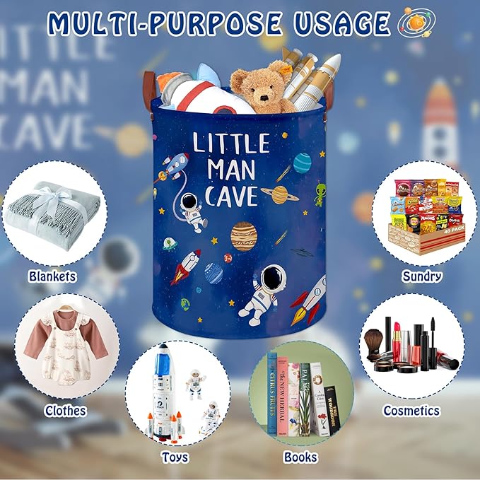 Space Themed Bedroom Decor Baby Laundry Hamper,Kid Laundry Basket for Boys Room,Astronaut Rockets Nursery Decor Storage Toy Bin, Lightweight Dirty Clothes Organizer Box (Blue Space)