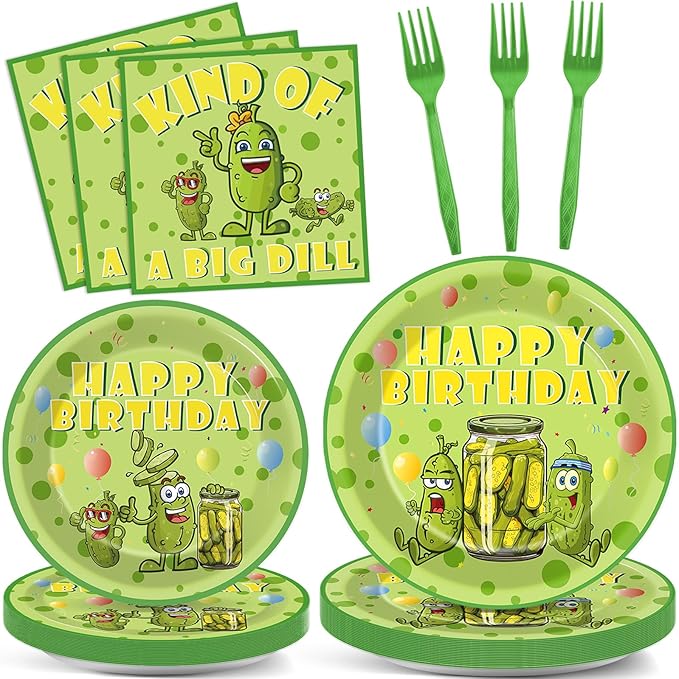 96pcs Funny Pickle Party Plates and Napkins for Kind of A Big Dill Birthday Party Supplies Dill Cucumber Themed Paper Dessert Plates Cartoon Pickle Tableware Set for Kids 24 Guests Table Decorations
