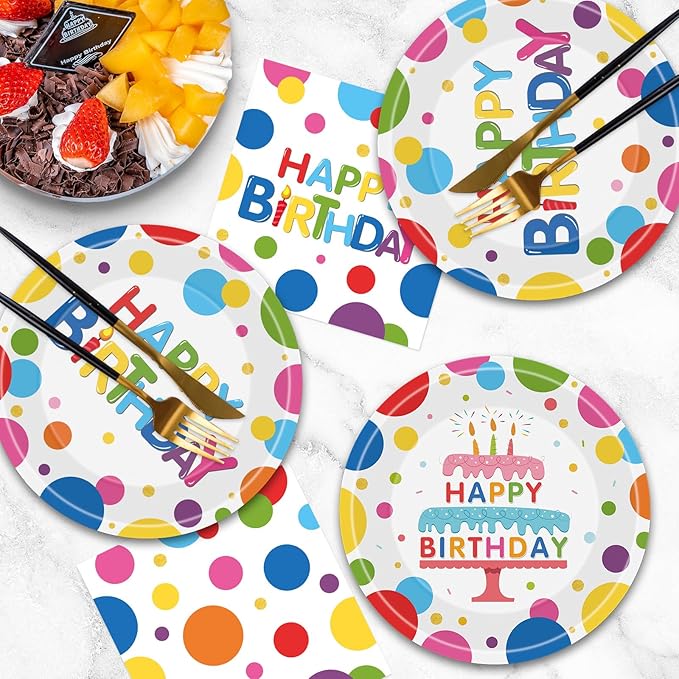 40 Pcs Happy Birthday Paper Plates and Napkins Sets - Polka Dots Bday Party Supplies Tableware, Disposable Colorful Dinner Plates Napkins Kit for Birthday Party Decorations Table Decor, Serves 20