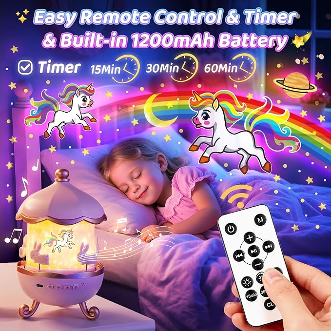 One Fire Princess Gifts for Girls Toys, 15 Music+15 Films+315 Colors Night Light Projector, 360°+Remote+Cordless Star Projector for Kids, Mermaid Gifts for Girls Room Decor, Pink Baby Toddler Toys