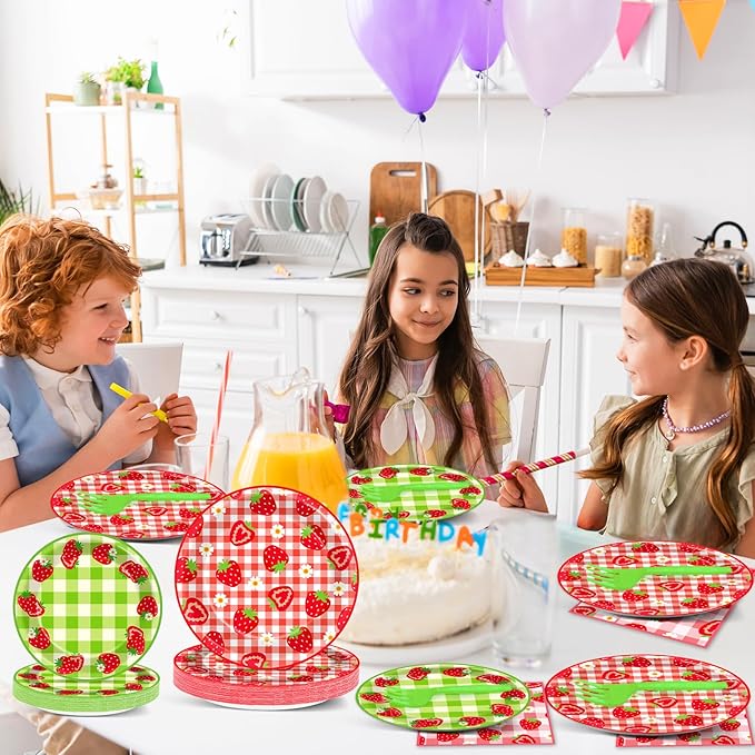 96Pcs Strawberry Party Plates and Napkins Birthday Party Supplies Spring Summer Fruit Paper Dessert Plates Strawberry Themed Tableware Set Disposable for 24 Guests 1st Birthday Party Decorations
