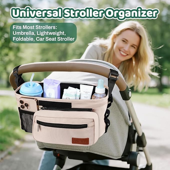 Guiseapue Universal Stroller Organizer with Cup Holder: Baby Essentials, Stroller Caddy with Shoulder Strap, Detachable Phone Bag, Stroller Accessories, Chirstmas New Moms Baby Gifts