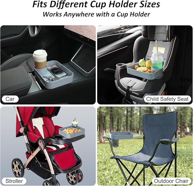 Car Seat Snack Tray for Kids, Mess-Free Square Travel Tray Cup Holder Snack Tray, Durable Car Food Tray for Toddlers, Universal Fit Kids Travel Road Trip Essentials (Gray)