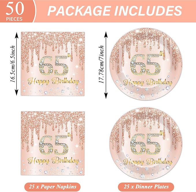 50Pcs Rose Gold 65th Birthday Party Paper Plates and Napkins Women Rose Gold 65 Years Old Table Decorations Happy Sixty-five Years Old Tableware Set Serves 25 Guest Pink 65th Birthday Party Supplies