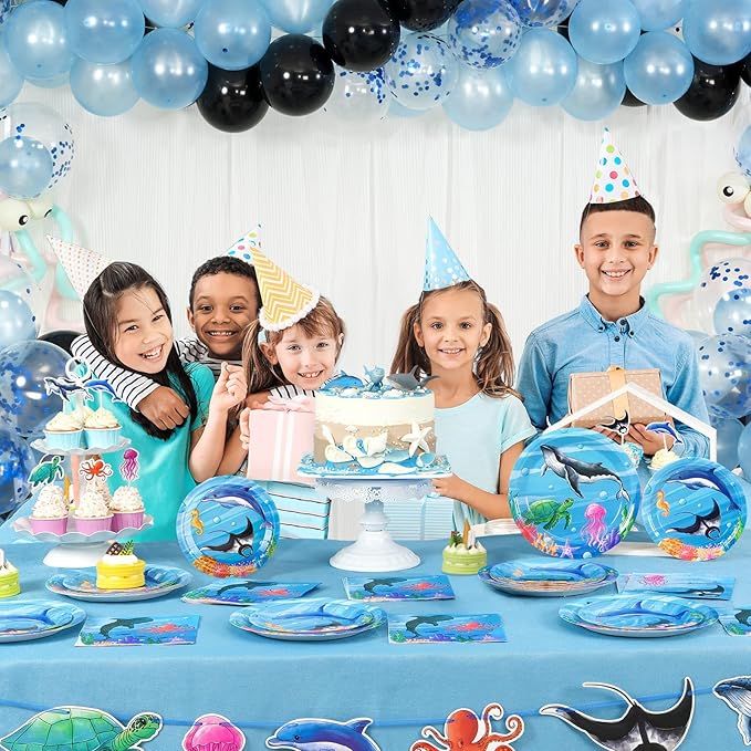 WERNNSAI Ocean Birthday Party Decorations - 48 Pcs Shark Theme Party Decorations Ocean Party Plates and Napkins for Kids Boys Under The Sea Birthday Baby Shower Party Serve 16 Guests
