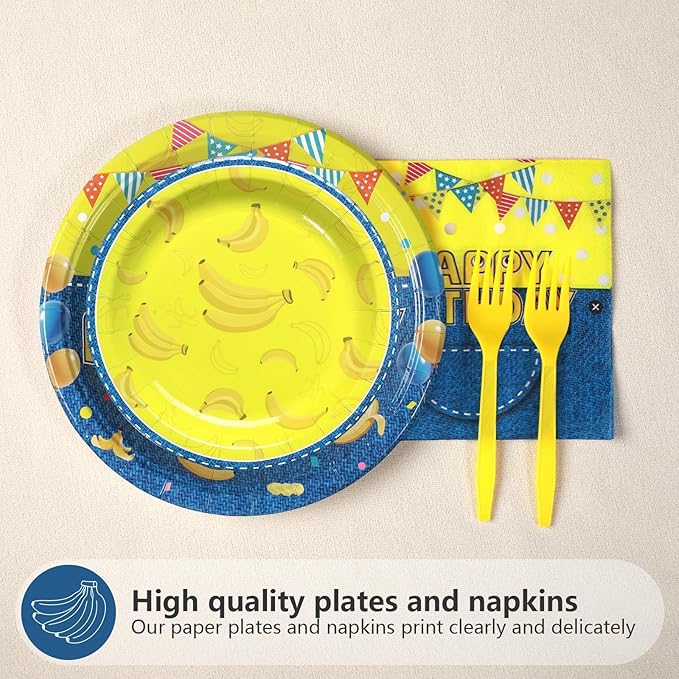 Grencian 96Pcs Yellow Cartoon Birthday Party Decorations Yellow Cartoon Paper Plates and Napkins Banana Theme Disposable Tableware for Banana Theme Birthday Decorations Serves 24