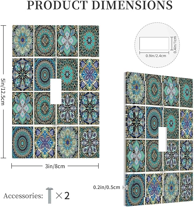 Decorative Light Switch Cover Mandala Decorative Rustic Vintage Turquoise Pattern 1 Gang Single Toggle Device Electrical Faceplate Switchplates Decorator Outlet Wall Plate for Bedroom Bathroom