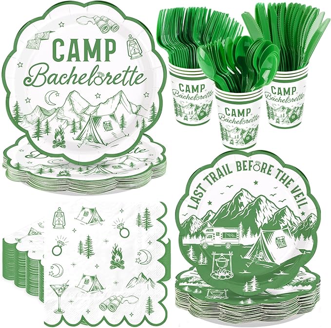 168Pcs Camp Bachelorette Party Decorations Scalloped Mountain Camp Plates and Napkins Cups Tableware Sets Camping Bachelorette Decoration for Bridal Shower Wedding Engagement Party Supplies Serves 24